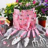Floral Garden Tools Set, Heavy Duty Gardening Tools for Gardener, Gardening Gifts for Women, Storage Tote Bag, Pink