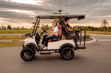 Paladin Luxury Golf Carts 2+2 Pure White, Brown Row Seats, Brown Stitching, Black Dashboard.