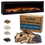 Ambe Linear 72" Electric Fireplace with Real Wood | Hidden Vent Design | Midwest Hardwood Log Set | Recessed or Built-in | Deep Realistic Ember Bed | Fireplace Insert Heater | Trim or Frameless