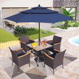 PHI VILLA 5pc Patio Dining Set with Umbrella, Square Table, Rattan Chairs