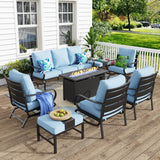 MFSTUDIO 8 Piece Metal Patio Furniture Set with Fire Pit Table, Blue
