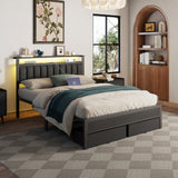Furnulem Queen Bed Frame with Charging Station and LED Lights, Grey Upholstered Headboard with Shelves, Metal Platform Bed with 2 Under-Bed Storage (Fabric Drawer on Wheels), No Box Spring Needed