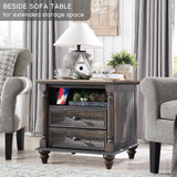 T4TREAM 24'' Farmhouse End Table w/4 Solid Wood Feet Set of 2, Large 2 Drawers Sofa Side Table with Charging Station, Rustic Wood Square Nightstand for Living Room, Bedroom, Office, Dark Rustic Oak