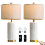 PoKat Stone-Like Ceramic Table Lamps with USB Ports for Bedroom, 25'' Matte-White Dimmable Nightstand Touch Lamps for Night Stands with Gold Base, Farmhouse Lamps for Living Room End Side Table
