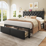 Fluest Queen Bed Frame with 2 Storage Drawers, Upholstered Headboard Button Tufted Bed Frame with Charging Station, No Box Spring Needed, Noise-Free, All Metal Structure, Black