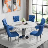 SSLine Round White Faux Marble Dining Table for 4-6 w/Diamond Silver Base
