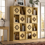 nesture. Bookcase & Bookshelf Set of 2 with Movable Bookends, 4-Tier Open Storage Shelves, Beveled Gliding Doors, Large Wooden Display Cabinet for Living Room, Home Office, Bedroom, Natural Oak