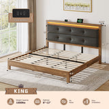 EnHomee King Size Bed Frame, Upholstered Storage Headboard with Charging Station & LED, Wooden Bed Frame，No Box Spring Needed, No Noise, Easy Assembly