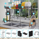 Over the Sink Dish Drying Drainer Rack - Height & Width Adjustable Large Capacity Stainless Steel Kitchen Storage Organization Plate Strainers Above Kitchen Counter (W24.4-38.2" ~ H17.7-22.1" Black)