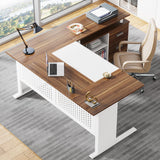 Tribesigns 63 Inch Executive Desk with File Cabinet, L Shaped Office Desk with Drawers and Storage Shelves
