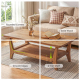 LITTLE TREE Solid Wood Coffee Table, 47-Inch Living Room Center Table with Shelf, 2-Tier, Smooth Corners, Child-Friendly, Easy Assembly, Brown
