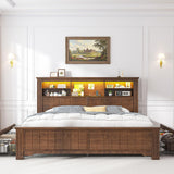 EnHomee Queen Bed Frame with 4 Storage Drawers and Headboard,LED Lights & Charging Ports,Wooden,No Box Spring Needed for Apartment,Heavy-Duty Structure,Noise-Free,Brown