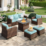 MIXPATIO Patio Furniture Set, 6 Pcs Wicker Rattan Outdoor Conversation Set, 2 x Leg Chairs, 1 x 3 Seater Sofa and 2 x Ottoman with 4" Thick Cushion and 32" Fire Pit Table, Blue