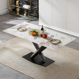 Maotifeys Modern Faux Marble Dining Table for 6, Rectangle 70" Pandora Marble Grain Tempered Glass Kitchen Table for 4-6, Luxury Dining Room Tables with Black Carbon Steel X-Base for Home Apartment