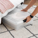 40 Qt Plastic Under Bed Storage Nestable Organizer Bin Container with Secure Lids and Durable Buckles, 3-Pack | Black/Clear IRIS