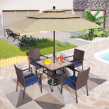 PHI VILLA 5pc Patio Dining Set with Umbrella, Square Table, Rattan Chairs