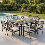 PHI VILLA Square Outdoor Table for 8, Black Metal Table w/Umbrella Hole