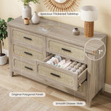 PIXOURA Rattan 6 Drawer Dresser for Bedroom, 48'' Wide Chest of Drawers with Metal Handles, Boho Dresser TV Stand, Wood Closet Dresser for Living Room, Hallway, Grey Oak