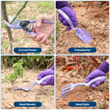 Purple Garden Tool Sets 10-Piece, Heavy Duty Gardening Hand Tools with Non-Slip Ergonomic Handle, Flower Print Garden Tool Bag