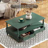 ARTPOWER Coffee Tables for Living Room, Wooden Coffee Table with Storage, Open Display Area and Storage Drawers, Retro Rectangle Coffee Table, Green