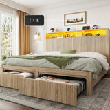 CypBed King Size Bed Frame with 2 Storage Drawers, Charging Port & LED Light, Wood King Bed Frame and 2-Tier Headboard,Farmhouse Wavy Design, Metal Platform, Noise-Free, No Box Spring Needed, Wood