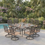 PHI VILLA 9 Pcs Outdoor Dining Set, 57.5" Metal Table & Swivel Chairs