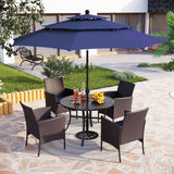 PHI VILLA 5pc Patio Dining Set with Umbrella, Round Table, Rattan Chairs