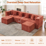 MONVANE Modular Sectional Cloud Couch for Living Room - 130'' 6 Seater Convertible Chenille Couches Set with Ottoman, No Assembly Compression Sofas, Comfy Floor Sofa with Memory Foam, Rust Red