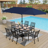 PHI VILLA 8 PCS Patio Dining Set w/13ft Patio Umbrella(Navy Blue)