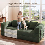 89" Cloud Boneless Convertible Sofa Bed, 5-in-1 Foldable Compressed High-Density Sponge Sofa, Corduroy Fabric 3 Seater Sleeper Couch Futon Daybed for Living Room Bedroom (Green)