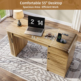 ZenXity Farmhouse 55" Computer Desk with Charging Station, Wooden Home Office Executive Desk with 3 Drawers and Fluted Storage, Study Table Workstation