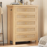 Natural Rattan Dresser for Bedroom with 5 Drawers, Wood Boho Chest of Drawers with Gold Metal Handle, Matte Top Bedroom Tall Dresser with Large Drawers for Living Room, Closet, Hallway, (Nartual)