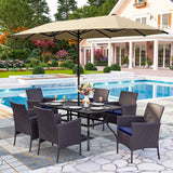 PHI VILLA 7pc Patio Dining Set w/Umbrella, Rectangular Table, Rattan Chairs