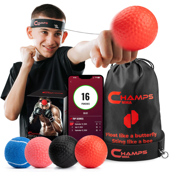 Boxing Reflex Ball Set with Punch Counter App– 4 Boxing Balls with Varying Weights, Headband and 4 Spare Strings to Improve Speed, Hand-Eye Coordination for Men, Kids Boxing Equipment MMA Gear Gift Champs MMA