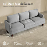 Busaurus 3 Seater Sofa Couch with Deep Seats, 89" Mid Century Modern Upholstered Sofa with Armrests, Comfy Couches for Living Room, Bedroom, Apartment and Office, Linen Light Grey