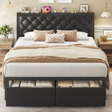 Fluest Queen Bed Frame with 2 Storage Drawers, Upholstered Headboard Button Tufted Bed Frame with Charging Station, No Box Spring Needed, Noise-Free, All Metal Structure, Black