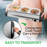 Nutrichef Professional Stainless Steel Buffet Warmer Server with 3 Trays | Portable Hot Plate Food Warmer Station for Parties & Events | Easy to Clean | 3 See-through lids | Max Temperature 175F