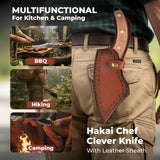 Zoxa Hakai Chef Cleaver Knife – Full Tang High Carbon Stainless Steel Butcher Knife with Ergonomic Rosewood Handle & Leather Sheath – Sharp Meat Cutting Knife for Kitchen, Camping & BBQ