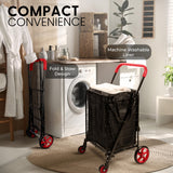 SereneLife Small Compact Folding Shopping Cart with Removable Waterproof Liner – 360° Swivel Wheels, Rust‑Proof Steel Frame (Red)