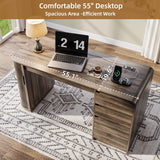 ZenXity Farmhouse 55" Computer Desk with Charging Station, Wooden Home Office Executive Desk with 3 Drawers and Fluted Storage, Study Table Workstation