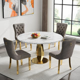SSLine White Faux Marble Round Dining Table Set for 4 with Velvet Chairs