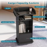 Podium Stand with Metal Wheels Wooden Lectern Podium Stand Portable Pulpit Standing with Storage Mobile