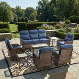 Luxury Patio Furniture Set with 6-inch Thick Cushions, Outdoor Furniture Set with High Back Swivel Chairs, 8 PCS Wicker Outdoor Conversation Set for Porch, Patio, Yard, Deck, Poolside, Brown/Blue
