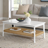 Alaterre Furniture Calais Living Room Collection – 48 Inch Rectangular Wood Coffee Table with Woven Storage Shelf – Mid Century Modern 2-Tier Living Room Table (White)