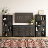 nesture. Bookcase & Bookshelf Set of 2 with Movable Bookends, 4-Tier Open Storage Shelves, Beveled Gliding Doors, Large Wooden Display Cabinet for Living Room, Home Office, Bedroom, Black