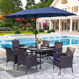 PHI VILLA 7pc Patio Dining Set w/Umbrella, Rectangular Table, Rattan Chairs