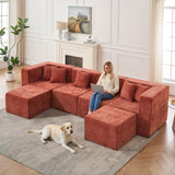 MONVANE Modular Sectional Cloud Couch for Living Room - 130'' 6 Seater Convertible Chenille Couches Set with Ottoman, No Assembly Compression Sofas, Comfy Floor Sofa with Memory Foam, Rust Red