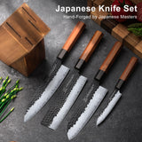 FAMCüTE Japanese Knife Block Set, Hand Forged 5-Layer 9CR18MOV Clad Steel Ultra Sharp Kitchen Knives with Wooden Storage & Rosewood Handle