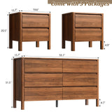 Furniway Walnut Mid-Century Modern 3 Piece Bedroom Furniture Set, 6 Drawer Dresser with Handleless Wood Grain Design and Nightstands Set of 2, Minimalist Storage Dresser for Bedroom