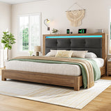 EnHomee King Size Bed Frame, Upholstered Storage Headboard with Charging Station & LED, Wooden Bed Frame，No Box Spring Needed, No Noise, Easy Assembly
